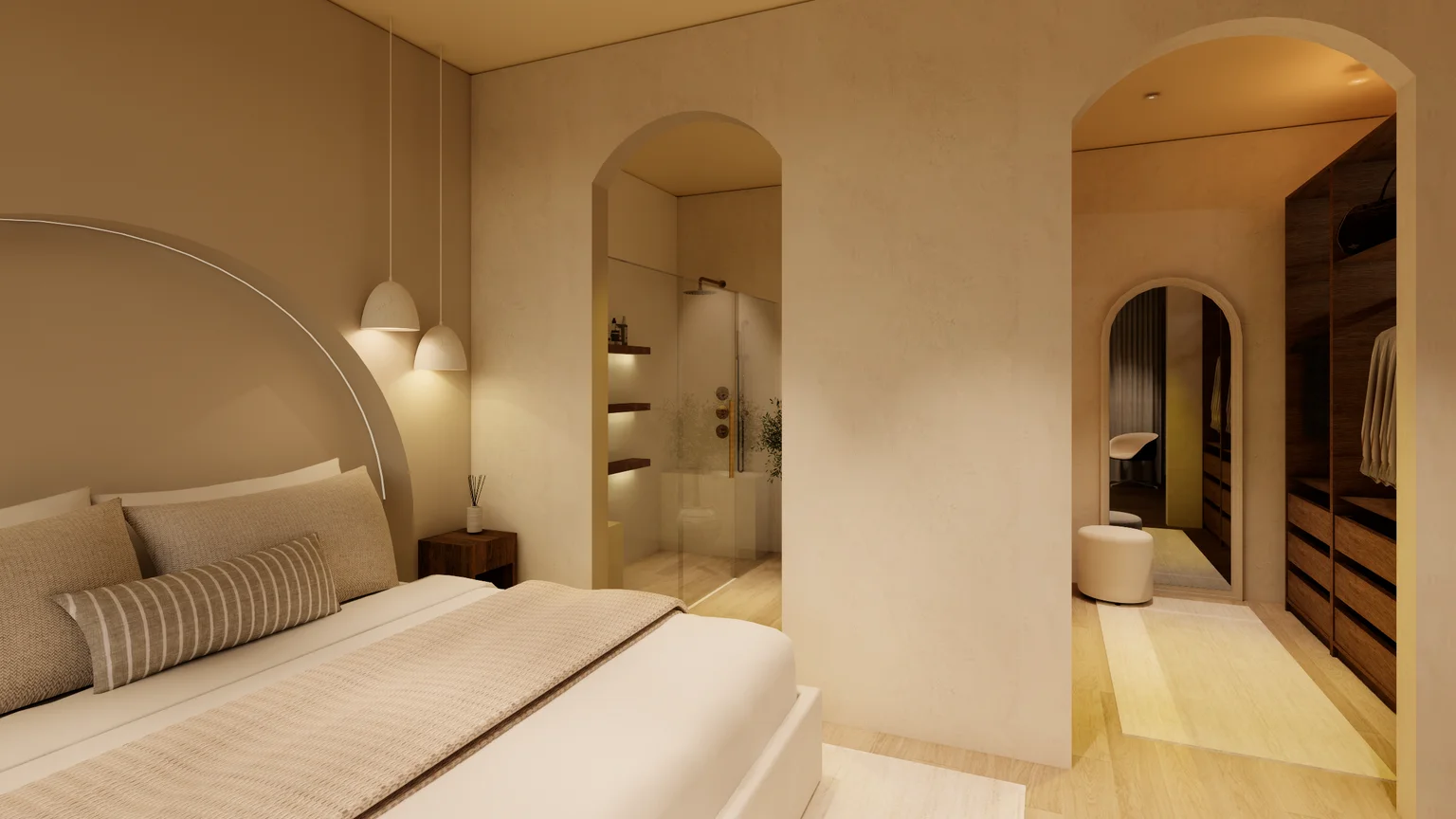 Luxury bedroom interior with warm neutral tones, arched details and ambient lighting - by FreDesign
