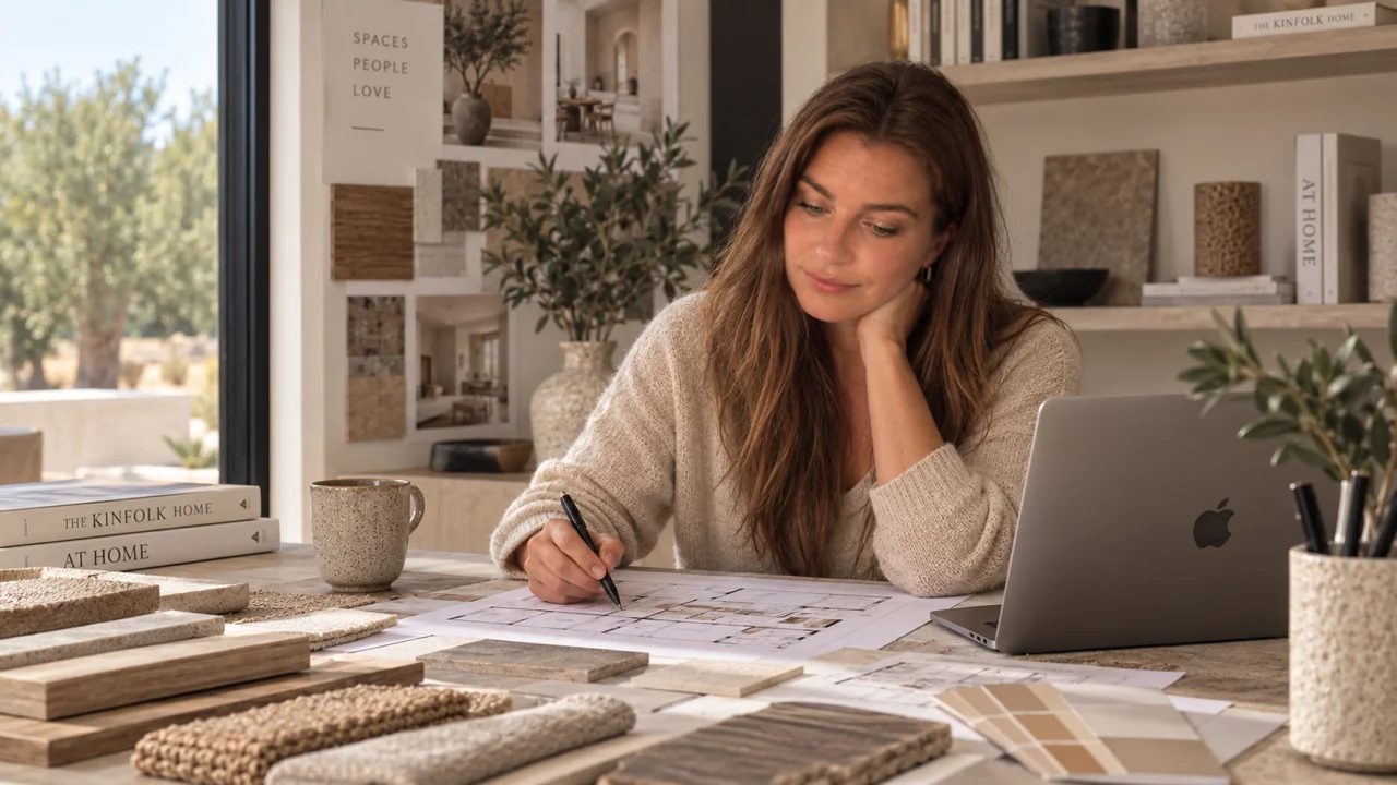 Interior designer working on floor plans and material selections