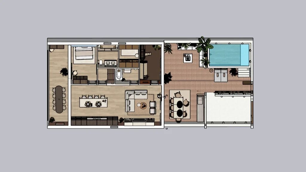 3D floor plan visualisation of a residential interior and outdoor living space designed by FreDesign