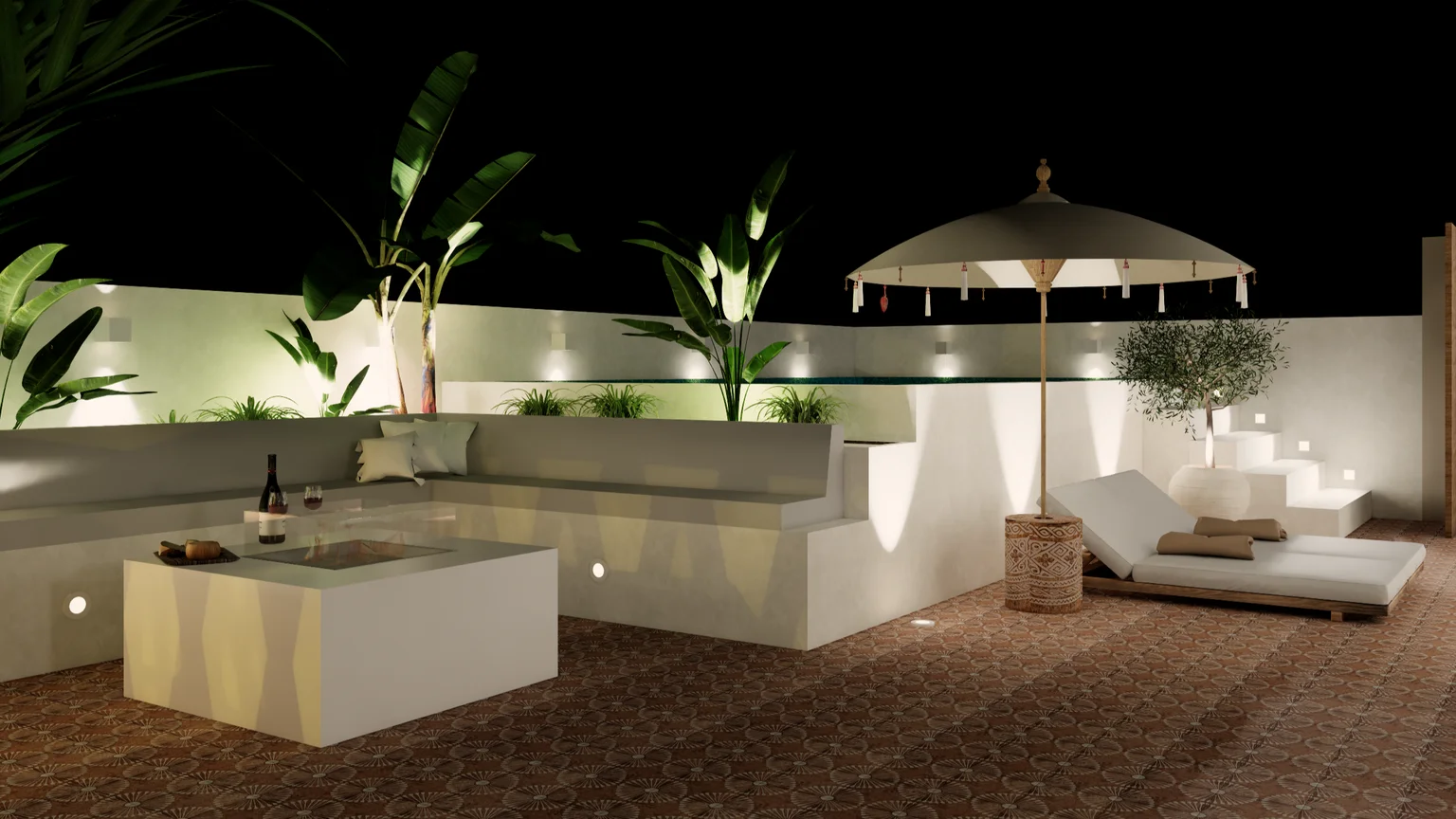 Luxury mediterranean garden with landscaped planting a pool and outdoor living areas, designed by FreDesign