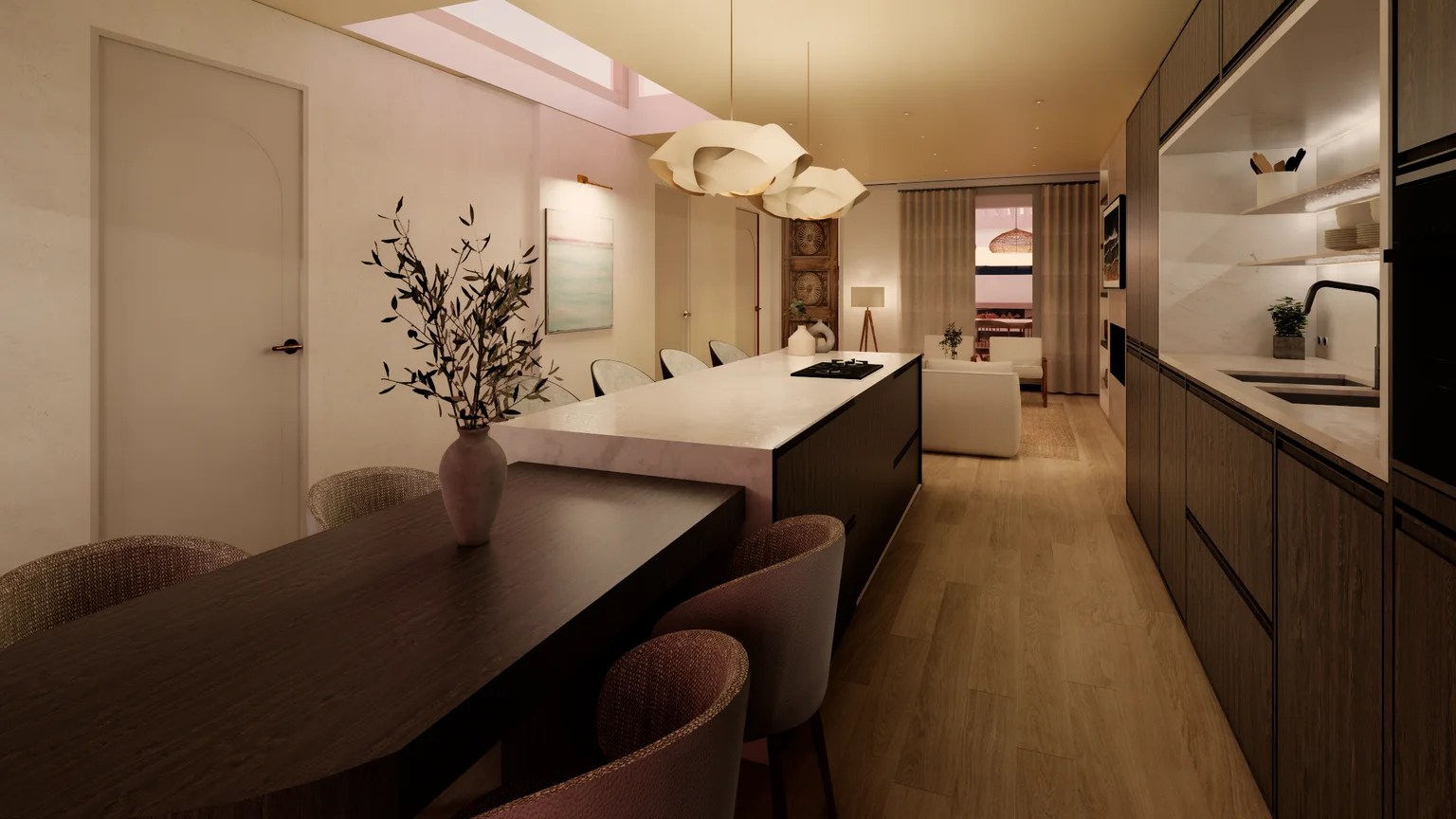 Luxury residential kitchen interior with warm lighting and contemporary finishes designed by FreDesign