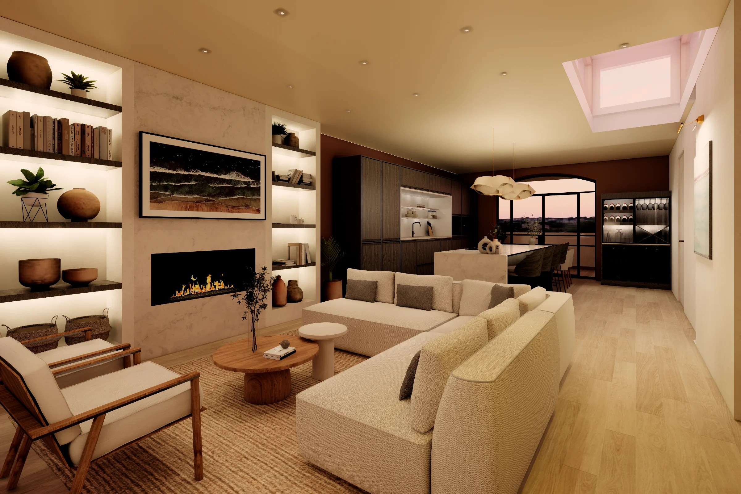 Luxury living room interior with warm neutral tones, natural materials and ambient lighting - by FreDesign