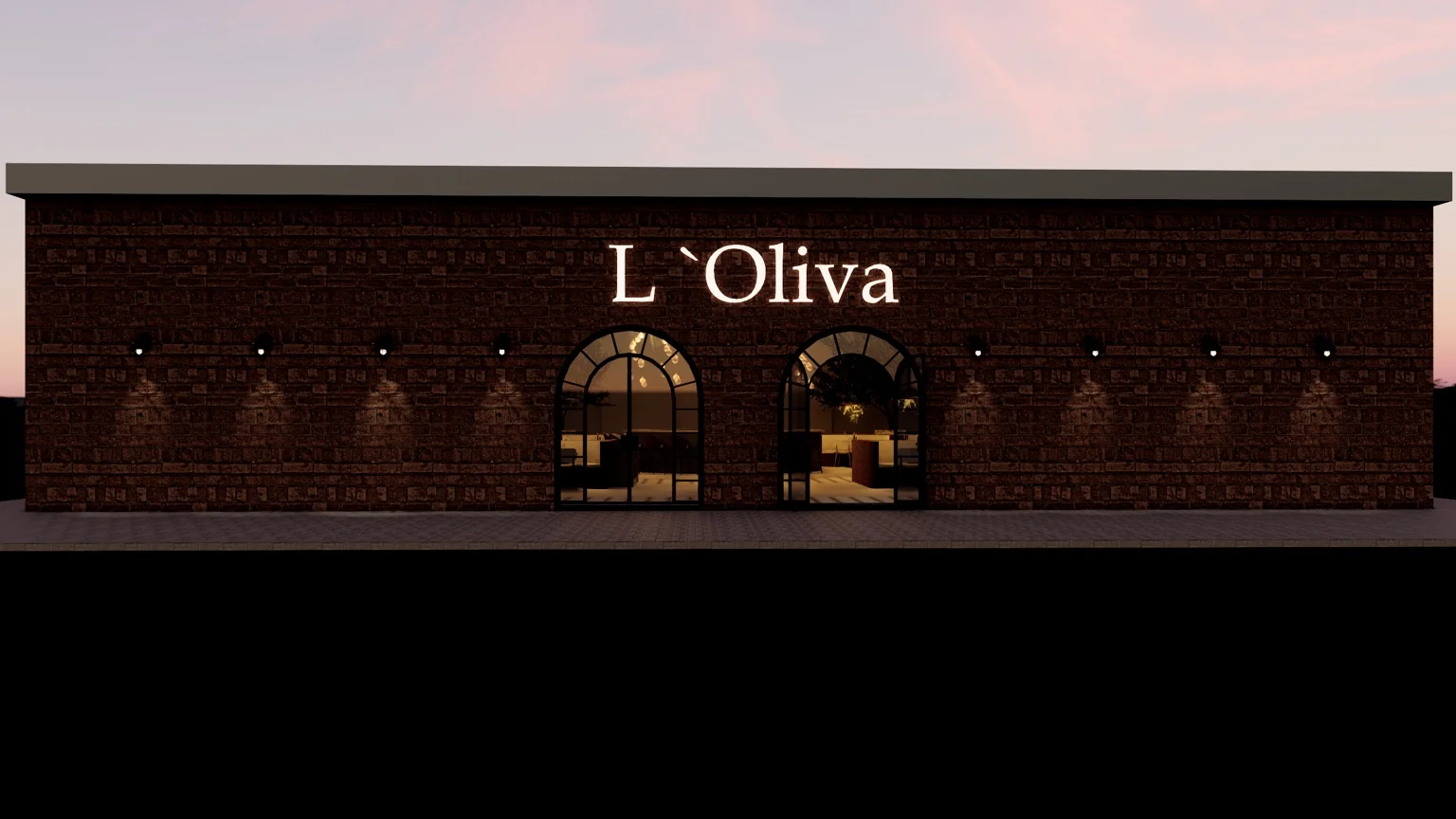 Mediterranean restaurant exterior with arched architecture and warm evening lighting.