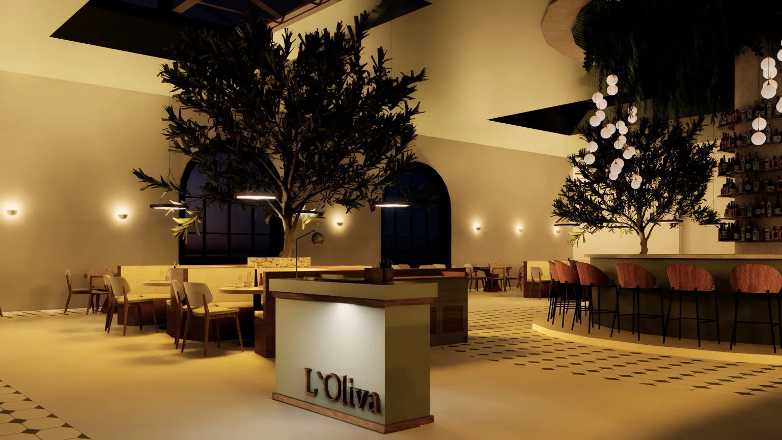 Mediterranean restaurant interior with olive trees, sculptural arches and warm ambient lighting.