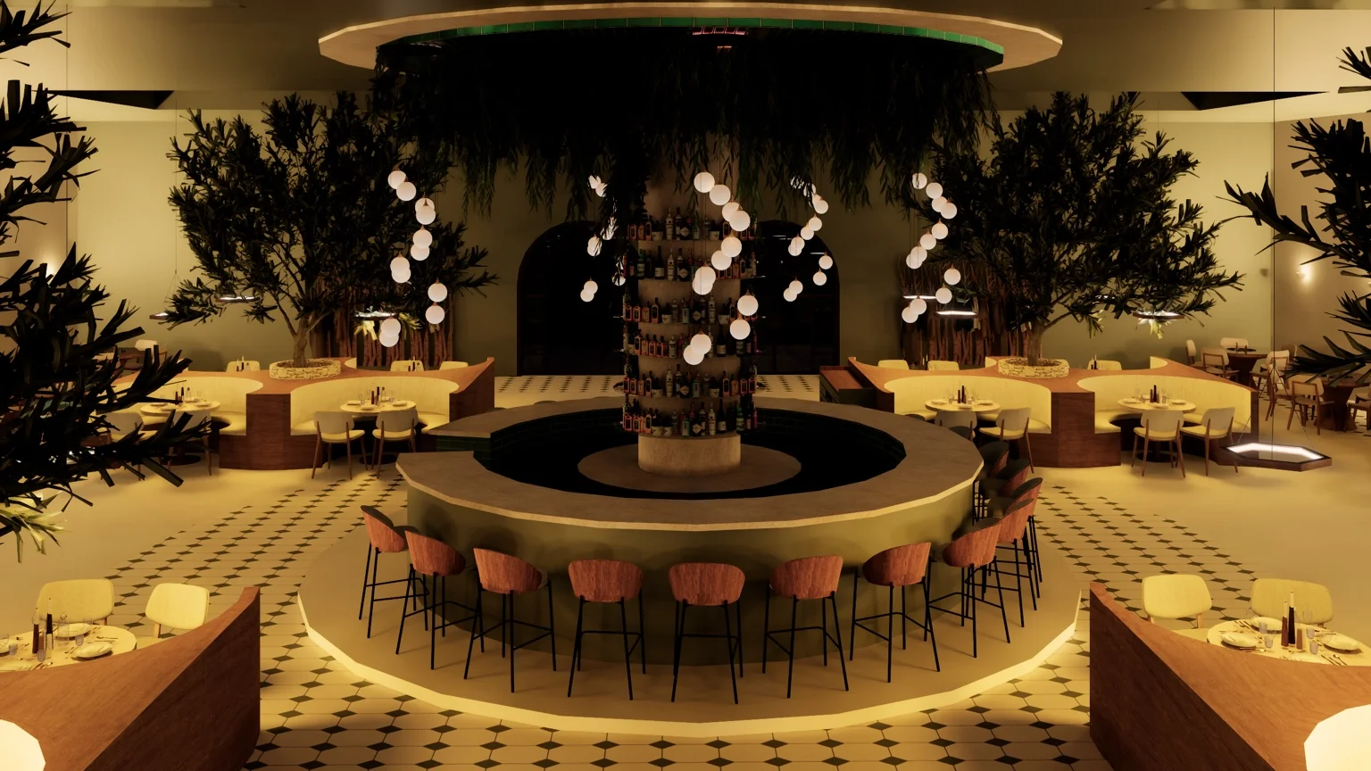 Mediterranean restaurant interior design with central olive tree bar and ambient lighting