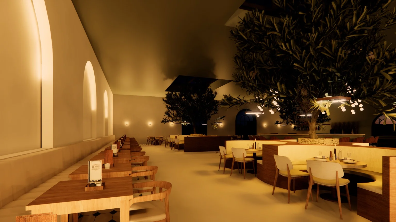 3D visualisation of a Mediterranean restaurant interior with warm lighting, natural materials and intimate seating.