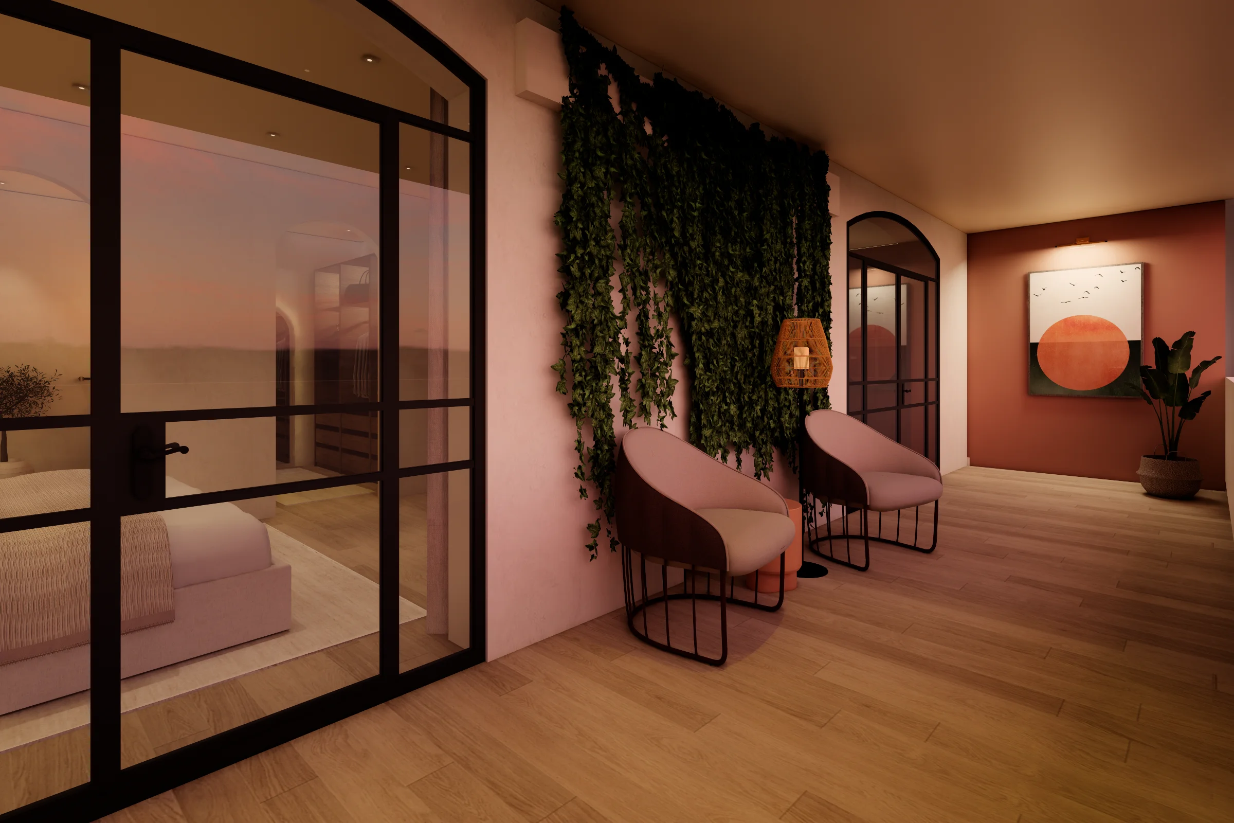 Luxury covered veranda with outdoor seating, warm colors, natural materials and mediterranean styling